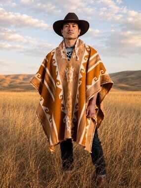 Handwoven Native American Western Hooded Wool Poncho - 100% Wool Pullover Coat